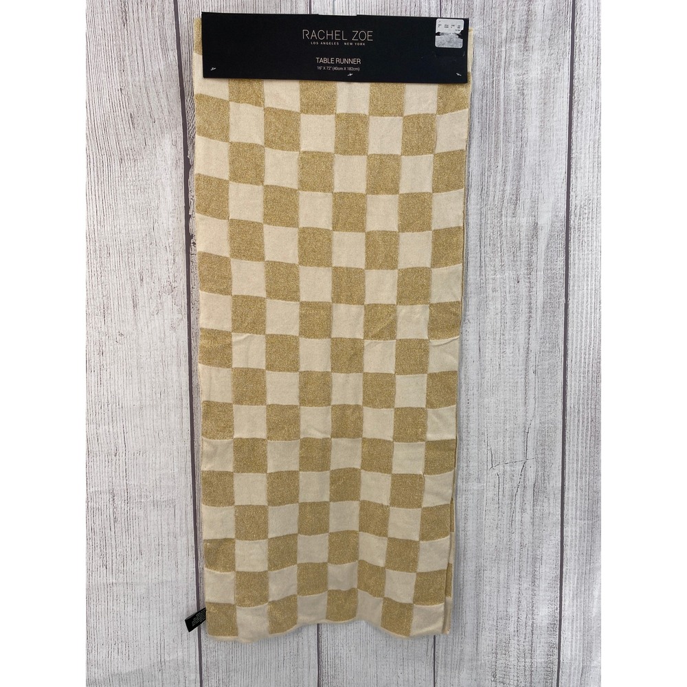 Rachel Zoe Table Runner 16x72 Gold Cream Metallic Checkered Cotton Lurex Sparkle